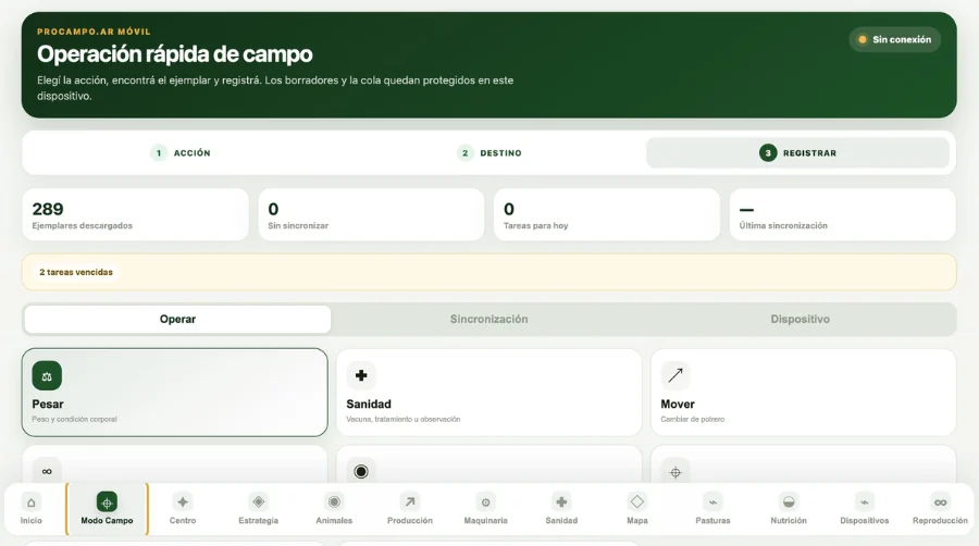 Modo Campo de ProCampo.ar trabajando sin conexion con datos locales: 289 ejemplares descargados en el dispositivo, cero operaciones sin sincronizar y accesos para pesar, aplicar sanidad y mover de potrero