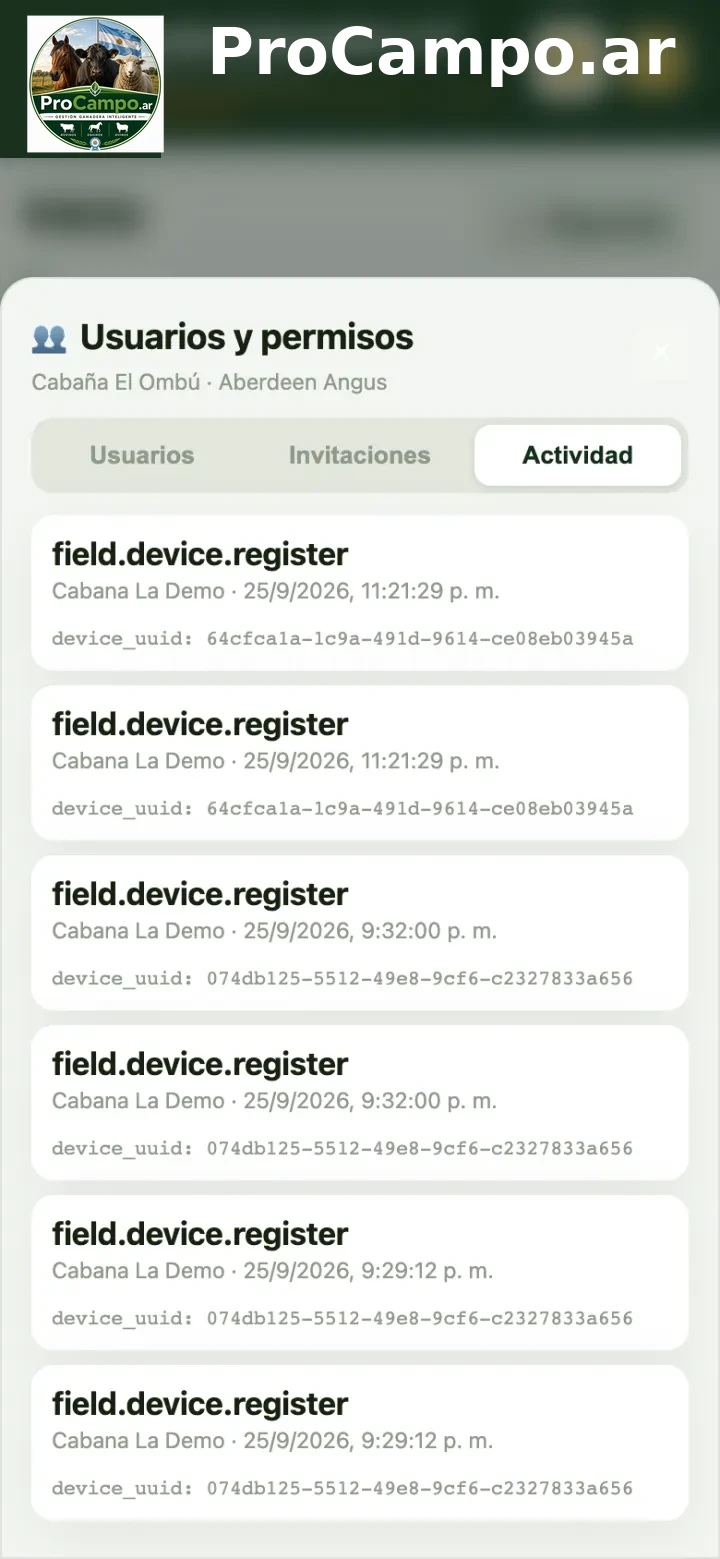 Registro de actividad de la cuenta.
