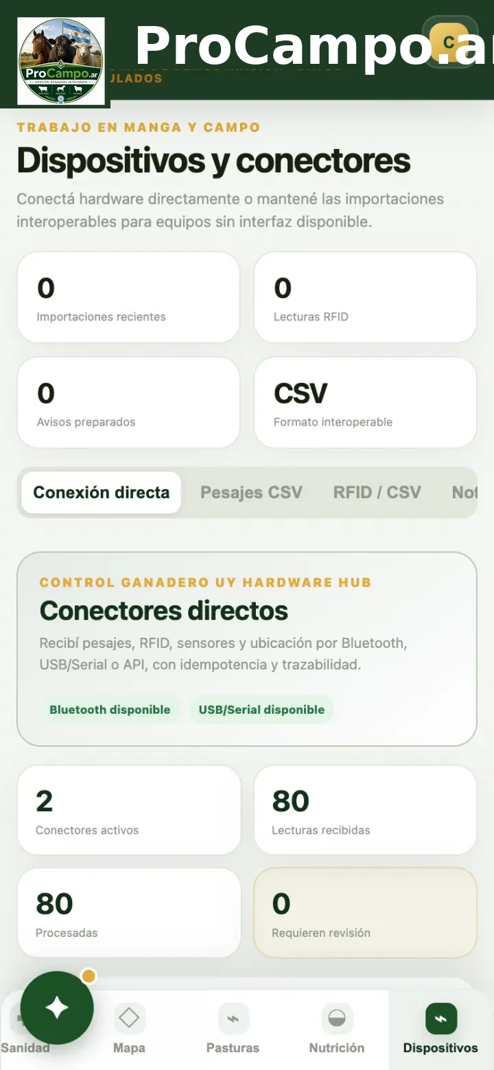 Dispositivos: lecturas y conectores de balanzas y bastones.