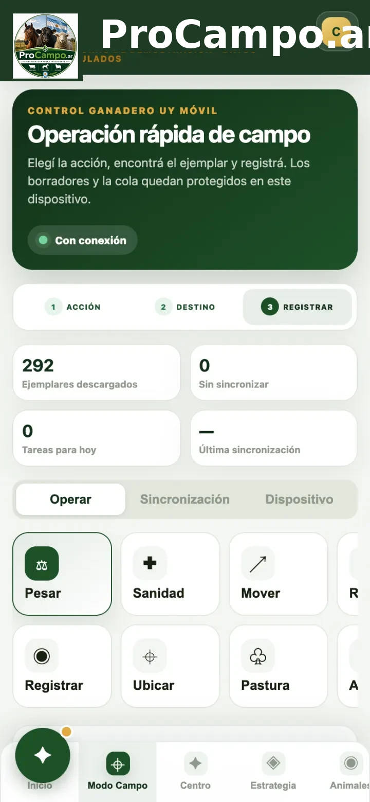 Modo Campo: elegí la acción y registrá.