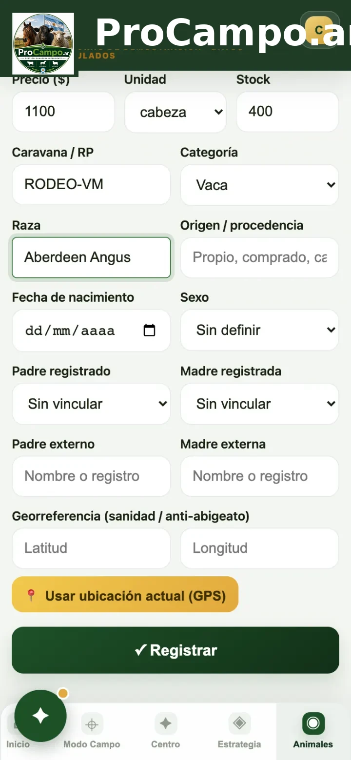Un grupo cargado por volumen: código, categoría, cantidad y valor.