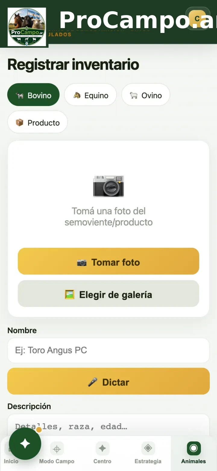 Registrar inventario: elegir especie y sacar la foto.